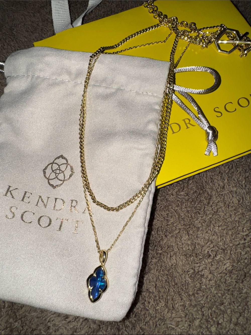 Kendra Scott Gold Layered double strand Necklace with Blue Iridescent Pendant